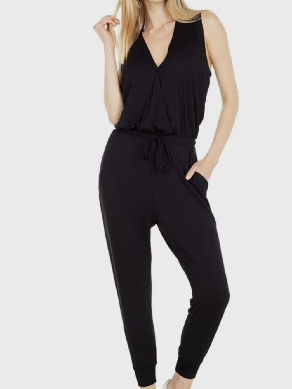 Beyond Yoga V Neck Overlapping Jumpsuit Pockets Sleeveless Jogger Black Small